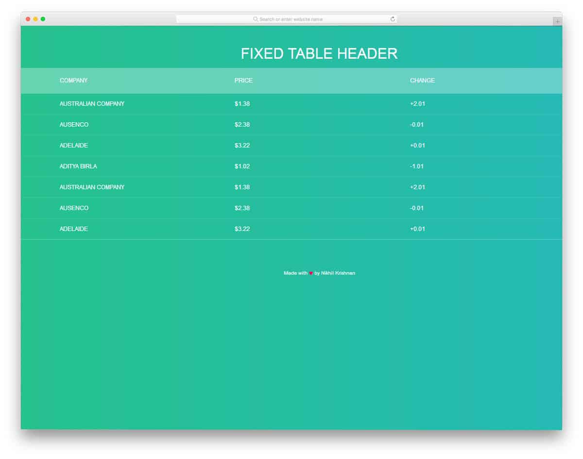 datatable layout with gradient color and fixed header