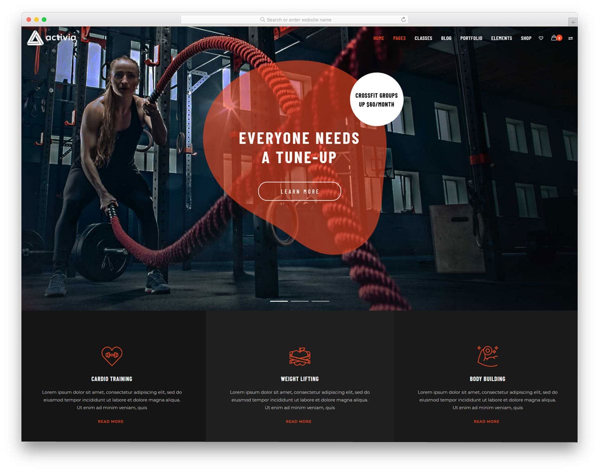 fitness website theme with trendy elements