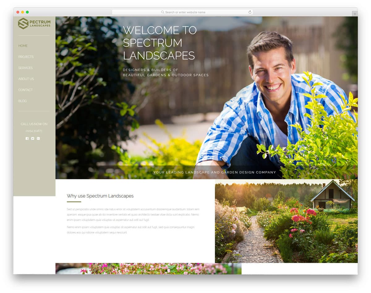 simple landscaping wordpress theme with stick side navigation bar