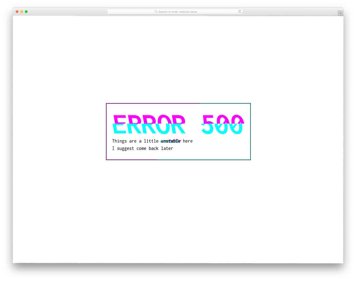 500 error page with glitch effect