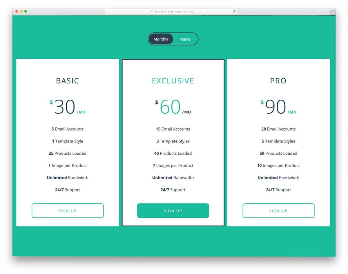pricing table with card flip animation
