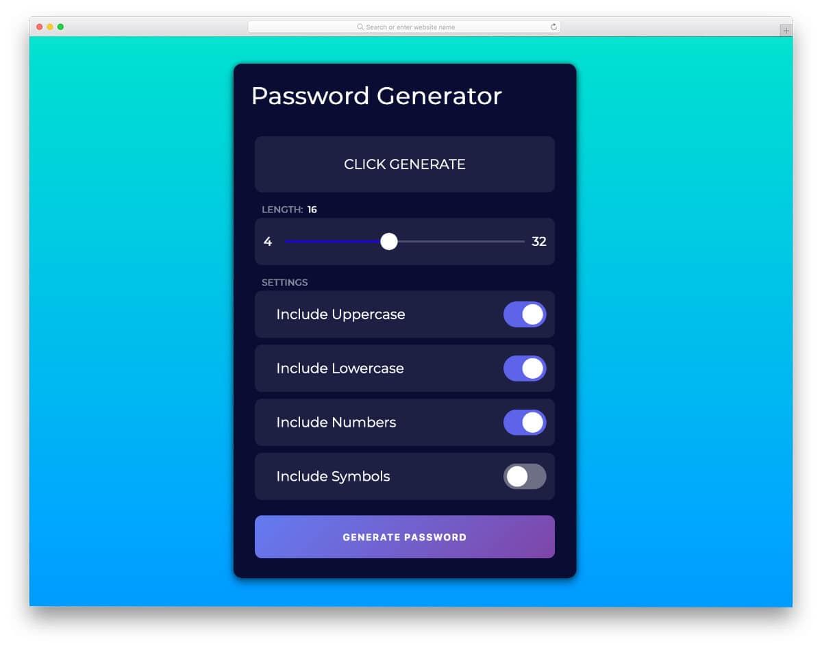 fully functional password generator tool with range slider and toggle buttons